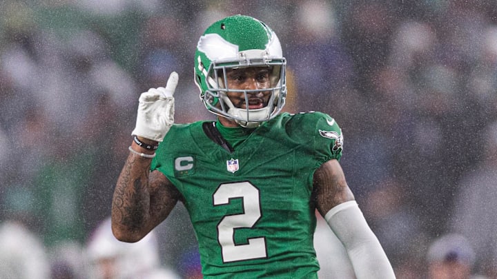 Philadelphia Eagles cornerback Darius Slay reacts after breaking up a pass play against the Buffalo Bills during the second quarter at Lincoln Financial Field.