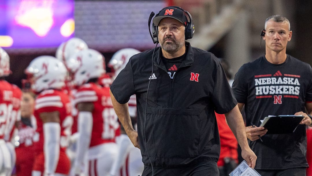 Nebraska head coach Matt Rhule looks up at the scoreboard during the second quarter of Nebraska's 34-3 victory against Northern Iowa.