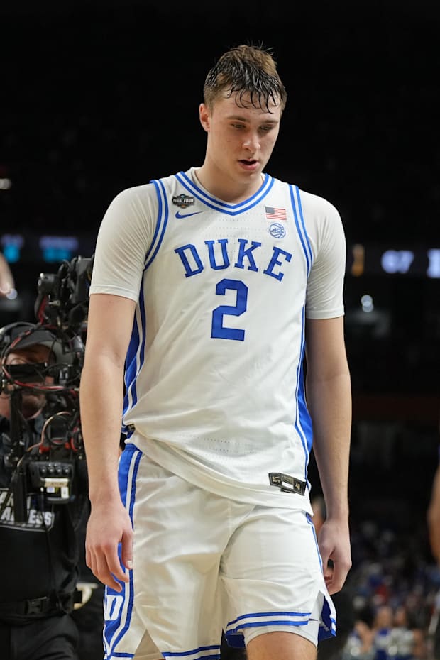 Duke Blue Devils forward Cooper Flagg walks off the court after losing to the Houston Cougars