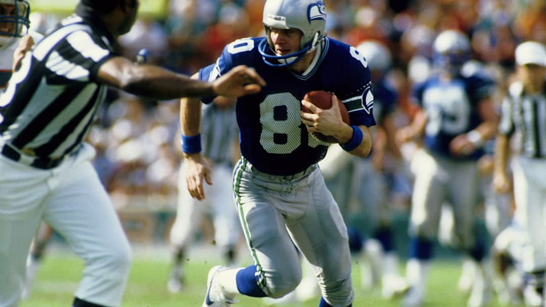 Dec 29, 1984; Miami, FL, USA; FILE PHOTO; Seattle Seahawks receiver Steve Largent (80) in action against the Miami Dolphins during the 1984 Divisional Playoff Game at the Orange Bowl. The Dolphins won 31-10.