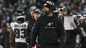 Philadelphia Eagles head coach Nick Sirianni walks down the sidelines during the game against the Baltimore Ravens at M&T Bank Stadium.