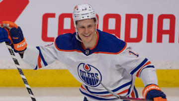 Feb 11, 2023; Ottawa, Ontario, CAN; Edmonton Oilers right wing Jesse Puljujarvi (13) celebrates his goal scored against the Ottawa Senators in the third period at the Canadian Tire Centre. Mandatory Credit: Marc DesRosiers-Imagn Images