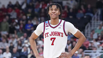 Mar 20, 2025; Providence, RI, USA;  St. John's Red Storm guard Simeon Wilcher (7) looks on during the second half against the Omaha Mavericks at Amica Mutual Pavilion. Mandatory Credit: Gregory Fisher-Imagn Images
