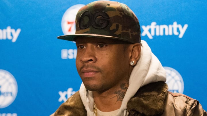 Dec 16, 2016; Philadelphia, PA, USA; Philadelphia 76ers great Allen Iverson speaks to the media prior to a halftime ceremony honoring his hall of fame induction before a game against the Los Angeles Lakers at Wells Fargo Center. Mandatory Credit: Bill Streicher-USA TODAY Sports