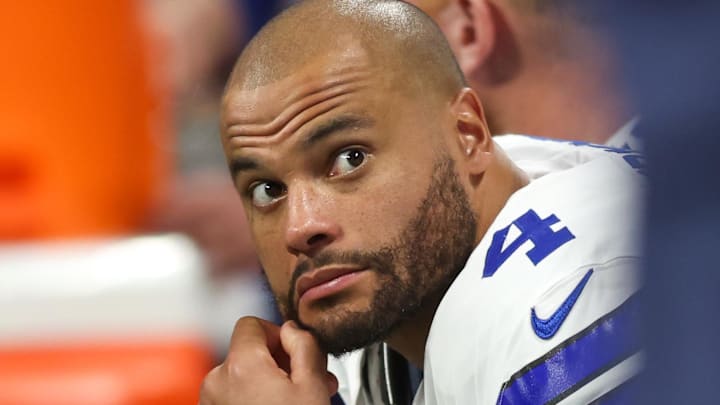 Dallas Cowboys quarterback Dak Prescott (4) on the bench against the Atlanta Falcons in the fourth quarter at Mercedes-Benz Stadium. Dallas Cowboys quarterback Dak Prescott (4) on the bench against the Atlanta Falcons in the fourth quarter at Mercedes-Benz Stadium.