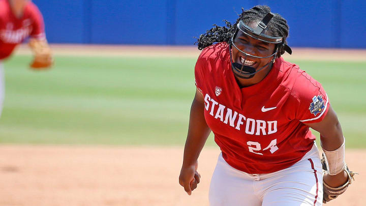 Stanford's NiJaree Canady (24) celebrates a strike out during a softball game between the Oklahoma Sooners and Stanford in the Women's College World Series at USA Softball Hall of Fame Stadium in  in Oklahoma City, Monday, June, 5, 2023.