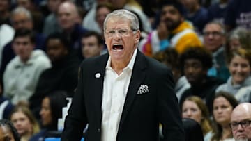 Mar 24, 2025; Storrs, Connecticut, USA; UConn Huskies head coach Geno Auriemma watches from the sideline as they take on the South Dakota State Jackrabbits at Harry A. Gampel Pavilion.