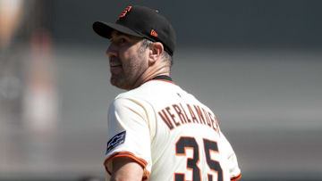 Sep 27, 2025; San Francisco, California, USA; San Francisco Giants starting pitcher Justin Verlander (35) waits while Colorado Rockies center fielder Brenton Doyle (9) runs out his solo home run during the second inning at Oracle Park.