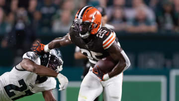 Aug 17, 2023; Philadelphia, Pennsylvania, USA; Cleveland Browns running back Demetric Felton Jr. (25) breaks the tackle attempt of Philadelphia Eagles cornerback Zech McPhearson (27) during the second quarter at Lincoln Financial Field. Mandatory Credit: Bill Streicher-USA TODAY Sports