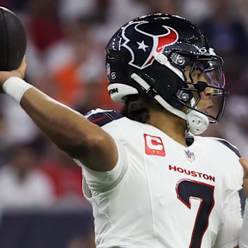 Sep 15, 2024; Houston, Texas, USA; Houston Texans quarterback C.J. Stroud (7) passes against the Chicago Bears in the first quarter at NRG Stadium. Mandatory Credit: Thomas Shea-Imagn Images