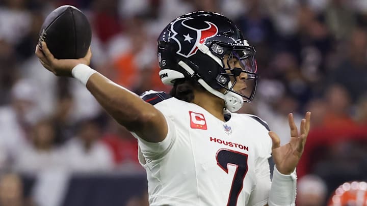 Sep 15, 2024; Houston, Texas, USA; Houston Texans quarterback C.J. Stroud (7) passes against the Chicago Bears in the first quarter at NRG Stadium. Mandatory Credit: Thomas Shea-Imagn Images