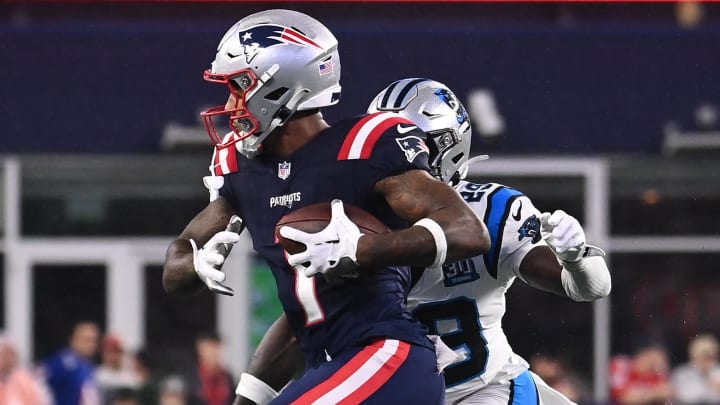 August 8, 2024; Foxborough, MA, USA;  New England Patriots wide receiver Ja'Lynn Polk (1) runs with the ball during the first half against the Carolina Panthers at Gillette Stadium. Mandatory Credit: Eric Canha-USA TODAY Sports