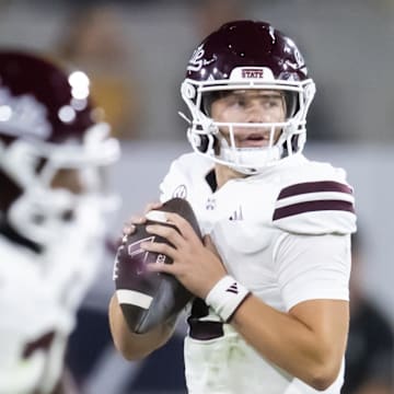 Mississippi State Bulldogs quarterback Blake Shapen (2) against the Arizona State Sun Devils at Mountain America Stadium.