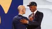 Jun 22, 2023; Brooklyn, NY, USA; Bilal Coulibaly is greeted by NBA commissioner Adam Silver after being selected seventh by the Indiana Pacers in the first round of the 2023 NBA Draft at Barclays Arena. Mandatory Credit: Wendell Cruz-USA TODAY Sports