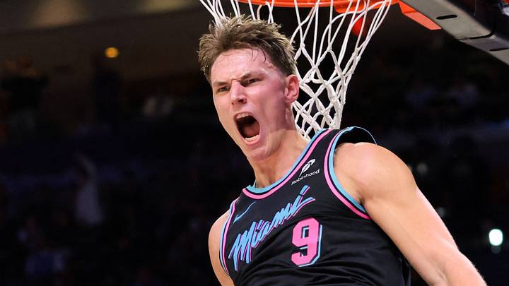 Jan 17, 2026; Miami, Florida, USA; Miami Heat guard Pelle Larsson (9) reacts after a dunk against the Oklahoma City Thunder during the fourth quarter at Kaseya Center. Mandatory Credit: Sam Navarro-Imagn Images