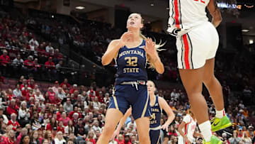 Ohio State Buckeyes forward Cotie McMahon (32) shoots over Montana State Bobcats forward Marah Dykstra (32) during the first round of the NCAA Women's Basketball Tournament at Value City Arena in Columbus on March 21, 2025. Ohio State won 71-51.