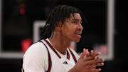 Apr 1, 2025; Brooklyn, NY, USA; McDonald's All American West center Chris Cenac Jr. (1) claps during the second half of the game at Barclays Center. Mandatory Credit: Pamela Smith-Imagn Images