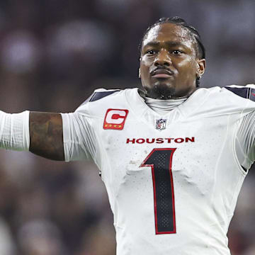 Sep 15, 2024; Houston, Texas, USA; Houston Texans wide receiver Stefon Diggs (1) reacts after a play during the second quarter against the Chicago Bears at NRG Stadium. Mandatory Credit: Troy Taormina-Imagn Images