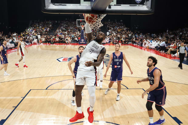 USA basketball player LeBron James dunks. 