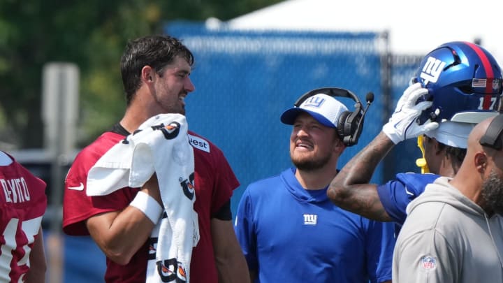 East Rutherford, NJ -- August 1, 2024 -- Quarterback Daniel Jones during practice today at training camp for the New York Giants.