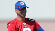 Jul 23, 2025; East Rutherford, NJ, USA; New York Giants place kicker Graham Gano (9) on the field during training camp at Quest Diagnostics Training Center.  