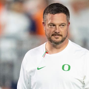Oregon head coach Dan Lanning walks the field during warmups as the Oregon Ducks face the Penn State Nittany Lions on Sept. 27, 2025, at Beaver Stadium in University Park, Pennsylvania.