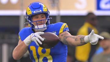 Nov 2, 2025; Inglewood, California, USA; Los Angeles Rams tight end Terrance Ferguson (18) reacts after making a 45-yard reception against the New Orleans Saints during the first half at SoFi Stadium. Mandatory Credit: Jayne Kamin-Oncea-Imagn Images