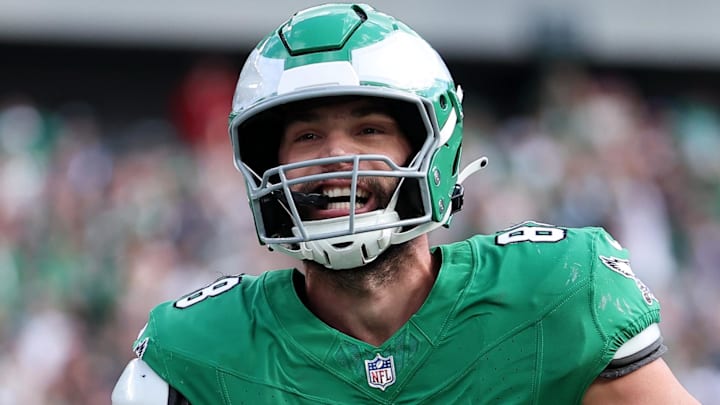 Oct 26, 2025; Philadelphia, Pennsylvania, USA; Philadelphia Eagles tight end Dallas Goedert (88) after scoring a touchdown against the New York Giants in the second quarter at Lincoln Financial Field. Mandatory Credit: Bill Streicher-Imagn Images