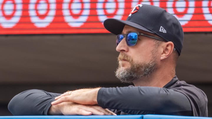 Jul 21, 2024; Minneapolis, Minnesota, USA; Minnesota Twins manager Rocco Baldelli (5) watches play in the fifth inning against the Milwaukee Brewers at Target Field.