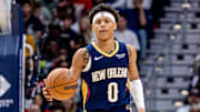 Oct 24, 2025; New Orleans, Louisiana, USA;  New Orleans Pelicans guard Jeremiah Fears (0) brings the ball up court against the San Antonio Spurs  during the second half at Smoothie King Center.