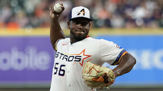 Apr 11, 2025; Houston, Texas, USA; Houston Astros starting pitcher Ronel Blanco (56) pitches against the Los Angeles Angels in the first inning at Daikin Park.