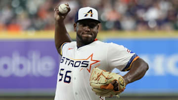 Apr 11, 2025; Houston, Texas, USA; Houston Astros starting pitcher Ronel Blanco (56) pitches against the Los Angeles Angels in the first inning at Daikin Park.