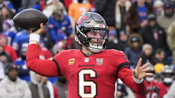Tampa Bay Buccaneers quarterback Baker Mayfield (6) throws a pass against the Buffalo Bills 