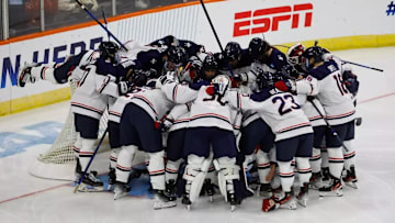 UConn Players Huddle Before Puck Drop