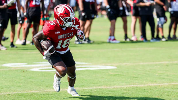 Indiana running back Solomon Vanhorse takes part in a practice drill.