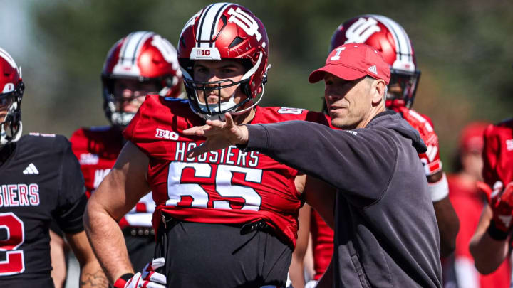 Indiana's offensive line coach Bob Bostad instructs left tackle Carter Smith during fall camp.