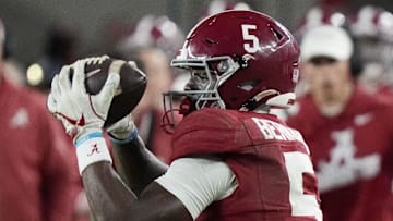 Nov 30, 2024; Tuscaloosa, Alabama, USA; Alabama Crimson Tide wide receiver Germie Bernard (5) makes a catch against the Auburn Tigers during the second half at Bryant-Denny Stadium. Alabama won 28-14. Mandatory Credit: Gary Cosby Jr.-Imagn Images