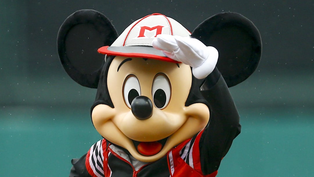 Mar 19, 2019; Lake Buena Vista, FL, USA; Mickey Mouse makes an appearance before the start of a game between the Atlanta Braves and the Washington Nationals at Champion Stadium. Mandatory Credit: Butch Dill-Imagn Images