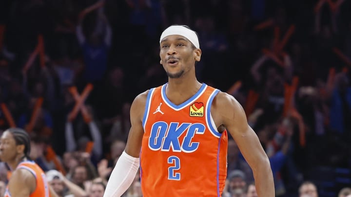 Jan 23, 2024; Oklahoma City, Oklahoma, USA; Oklahoma City Thunder guard Shai Gilgeous-Alexander (2) celebrates after a play against the Portland Trail Blazers during the second half at Paycom Center. Mandatory Credit: Alonzo Adams-USA TODAY Sports