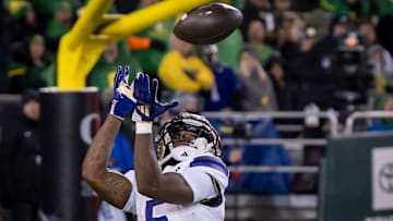 Washington wide receiver Giles Jackson hauls in a touchdown as the No. 1 Oregon Ducks host the Washington Huskies Saturday, Nov. 30, 2024 at Autzen Stadium in Eugene, Ore.