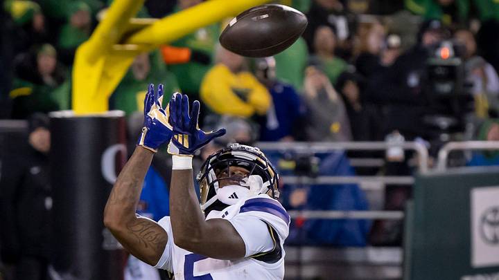 Washington wide receiver Giles Jackson hauls in a touchdown as the No. 1 Oregon Ducks host the Washington Huskies Saturday, Nov. 30, 2024 at Autzen Stadium in Eugene, Ore.