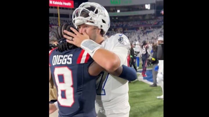 Josh Allen and Stefon Diggs embraced on the field after the Patriots beat the Bills on Sunday. Josh Allen and Stefon Diggs embraced on the field after the Patriots beat the Bills on Sunday.