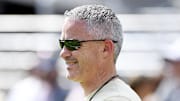 Apr 20, 2024; Tallahassee, Florida, USA; Florida State Seminoles head coach Mike Norvell smiles during the Spring Showcase at Doak S. Campbell Stadium. Mandatory Credit: Melina Myers-Imagn Images