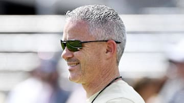 Apr 20, 2024; Tallahassee, Florida, USA; Florida State Seminoles head coach Mike Norvell smiles during the Spring Showcase at Doak S. Campbell Stadium. Mandatory Credit: Melina Myers-Imagn Images