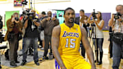 Dec. 11, 2011; El Segundo, CA, USA;   Los Angeles Lakers forward Metta World Peace (15) has the back of his jersey photographed during media day at the Toyota Center.  Mandatory Credit: Jayne Kamin-Oncea-Imagn Images