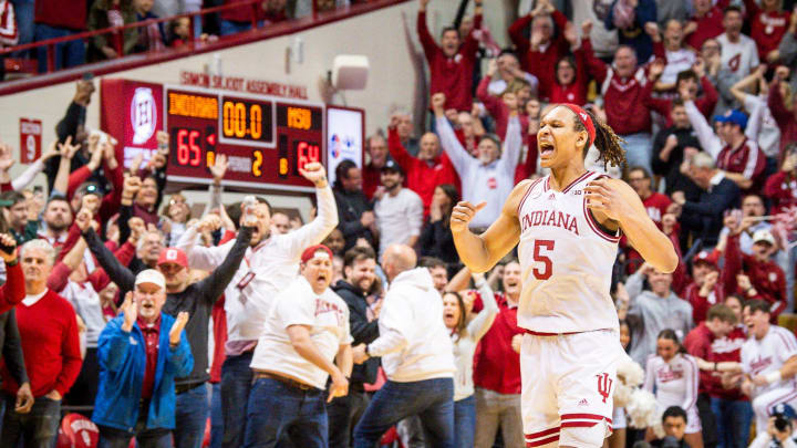 Indiana's Malik Reneau (5) celebrates the Hoosiers victory over the Spartans 65-64 after the second half of the Indiana versus Michigan State men's basketball game at Simon Skjodt Assembly Hall on Sunday, March 10, 2024.