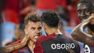 Aug 4, 2024; Toronto, Ontario, CAN; Toronto FC midfielder Kobe Franklin (19) celebrates after scoring against Pachuca during the second half of the Leagues Cup at BMO Field. Mandatory Credit: Kevin Sousa-USA TODAY Sports