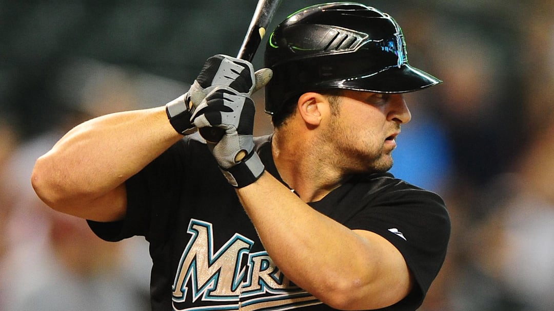 Jul. 8, 2010; Phoenix, AZ, USA; Florida Marlins second baseman Dan Uggla against the Arizona Diamondbacks at Chase Field. Mandatory Credit: Mark J. Rebilas-Imagn Images
