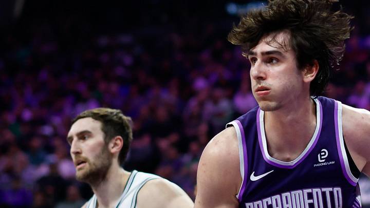 Mar 17, 2026; Sacramento, California, USA; Sacramento Kings center Maxime Raynaud (42) grabs a rebound during the second quarter against the San Antonio Spurs at Golden 1 Center. Mandatory Credit: Sergio Estrada-Imagn Images