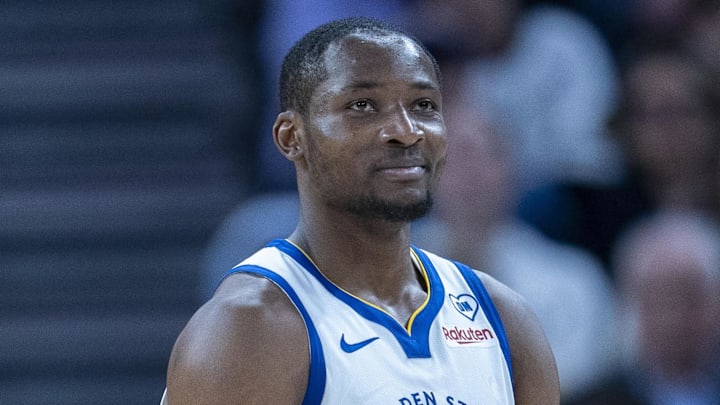 Jan 30, 2024; San Francisco, California, USA;  Golden State Warriors forward Jonathan Kuminga (00) reacts after the foul call during the fourth quarter against the Philadelphia 76ers at Chase Center. Mandatory Credit: Neville E. Guard-Imagn Images